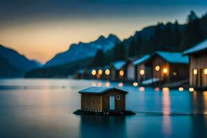 een klein houten huis zit Aan de rand van een meer. ai-gegenereerd foto