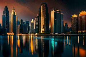 de stad van Dubai is weerspiegeld in de water. ai-gegenereerd foto