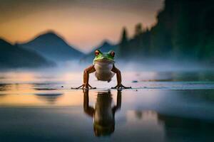een kikker staand Aan de rand van een meer Bij zonsopkomst. ai-gegenereerd foto