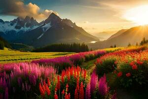 de zon schijnt over- een veld- van bloemen en bergen. ai-gegenereerd foto