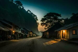 een dorp straat Bij schemer met een licht schijnend Aan het. ai-gegenereerd foto