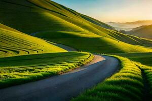 de weg door de groen heuvels Bij zonsondergang. ai-gegenereerd foto