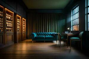 een donker kamer met een blauw bankstel en boekenplanken. ai-gegenereerd foto