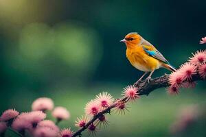 een vogel is zittend Aan een Afdeling met roze bloemen. ai-gegenereerd foto