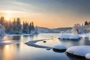 foto behang de lucht, sneeuw, bomen, rivier, rivier, winter, rivier, winter,. ai-gegenereerd