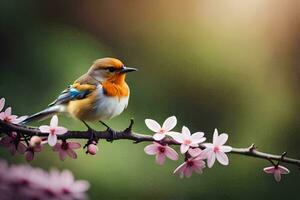 een vogel zittend Aan een Afdeling met roze bloemen. ai-gegenereerd foto