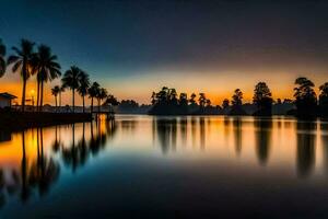 een mooi zonsondergang over- een meer met palm bomen. ai-gegenereerd foto