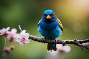 een blauw vogel zittend Aan een Afdeling met roze bloemen. ai-gegenereerd foto