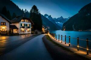 een meer en huizen in de bergen Bij nacht. ai-gegenereerd foto