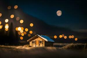 een klein huis in de midden- van een veld- Bij nacht. ai-gegenereerd foto