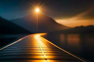 een lang houten brug over- een meer met de zon schijnt. ai-gegenereerd foto