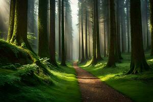 een pad door een Woud met bomen en gras. ai-gegenereerd foto