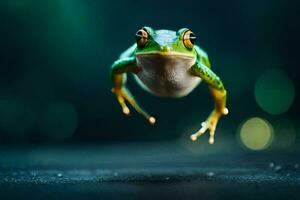 een kikker jumping in de lucht. ai-gegenereerd foto