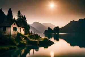 foto behang de lucht, bergen, meer, huis, zonsondergang, de zon, de bergen,. ai-gegenereerd