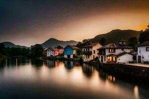 een rivier- en huizen in de zonsondergang. ai-gegenereerd foto