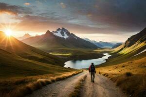 een Mens wandelingen langs een aarde weg in de bergen. ai-gegenereerd foto