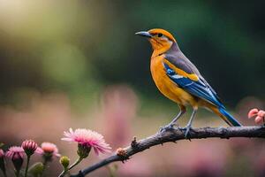 een kleurrijk vogel zit Aan een Afdeling met roze bloemen. ai-gegenereerd foto