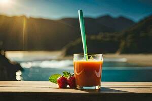 een glas van oranje sap met aardbeien Aan een houten tafel. ai-gegenereerd foto