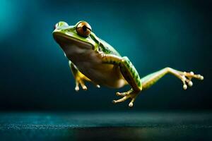 een kikker jumping in de lucht. ai-gegenereerd foto