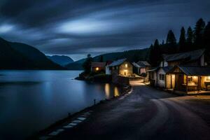 een lang blootstelling foto van een meer en huizen Bij nacht. ai-gegenereerd