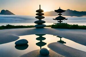 een steen pagode en rotsen in de water Bij zonsondergang. ai-gegenereerd foto
