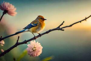 foto behang de lucht, vogel, bloemen, zonsondergang, de vogel, de vogel, de vogel. ai-gegenereerd