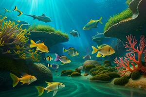 onderwater- tafereel met vis en koraal riffen. ai-gegenereerd foto