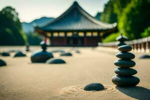 een stapel van rotsen in voorkant van een pagode. ai-gegenereerd foto
