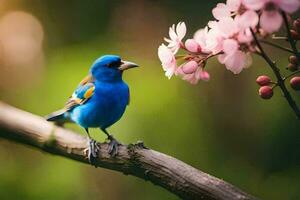 een blauw vogel zit Aan een Afdeling met roze bloemen. ai-gegenereerd foto