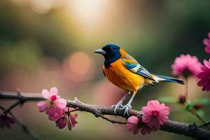 een kleurrijk vogel zit Aan een Afdeling met roze bloemen. ai-gegenereerd foto