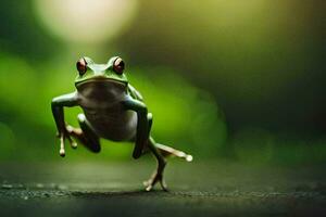 een kikker jumping Aan de grond. ai-gegenereerd foto