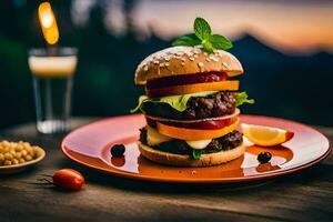 een hamburger met groenten en tomaten Aan een bord. ai-gegenereerd foto