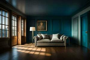 een leven kamer met blauw muren en hout vloeren. ai-gegenereerd foto