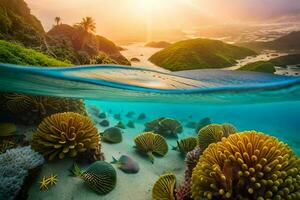de zon schijnt over- een tropisch rif en koraal riffen. ai-gegenereerd foto