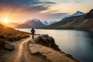 een Mens wandelingen Aan de pad naar de meer Bij zonsondergang. ai-gegenereerd foto
