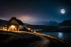 een klein cabine Aan de kant van een heuvel met een vol maan. ai-gegenereerd foto