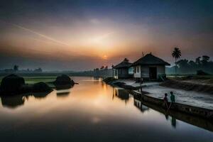 een Mens en een vrouw zijn staand Aan de kust van een rivier- Bij zonsondergang. ai-gegenereerd foto