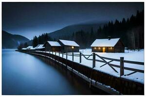 een winter tafereel met houten huizen Aan de oever. ai-gegenereerd foto