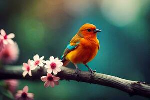 een klein oranje vogel zit Aan een Afdeling met roze bloemen. ai-gegenereerd foto