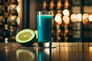 een blauw drinken met limoen Aan een tafel. ai-gegenereerd foto