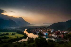 foto behang de lucht, bergen, rivier, dorp, zonsondergang, de zon, de lucht,. ai-gegenereerd