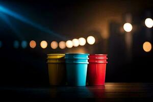 drie kleurrijk cups zitten Aan een tafel in voorkant van een helder licht. ai-gegenereerd foto