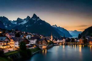 foto behang de lucht, bergen, water, dorp, meer, bergen, Alpen, oosten. ai-gegenereerd