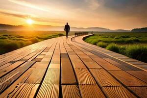 een Mens wandelen Aan een houten promenade Bij zonsondergang. ai-gegenereerd foto