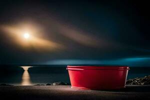 een rood emmer zittend Aan de grond in voorkant van de oceaan. ai-gegenereerd foto