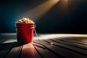 een emmer van popcorn Aan een houten tafel. ai-gegenereerd foto