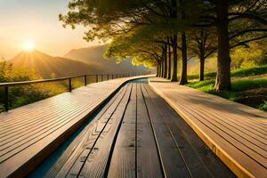een houten loopbrug Leidt naar een berg Bij zonsondergang. ai-gegenereerd foto
