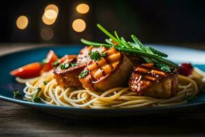 een bord van spaghetti met vlees en groenten. ai-gegenereerd foto