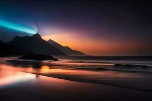 de zon is instelling over- een berg en strand. ai-gegenereerd foto