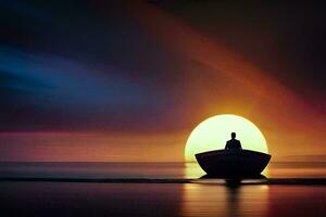 een Mens in een boot is zittend in de midden- van de oceaan Bij zonsondergang. ai-gegenereerd foto